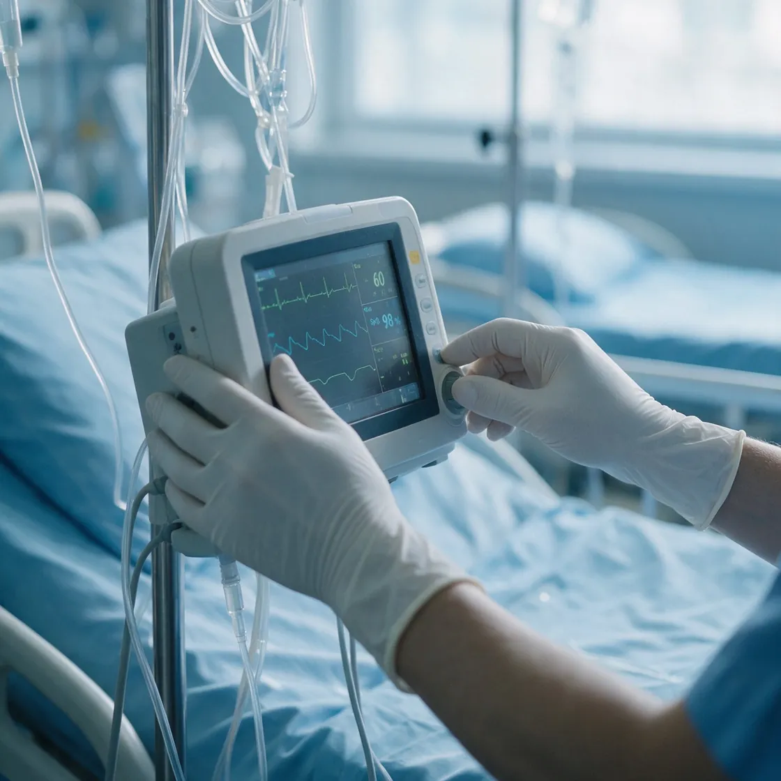 Profesional de la salud revisando un monitor en una Unidad de Cuidados Intensivos