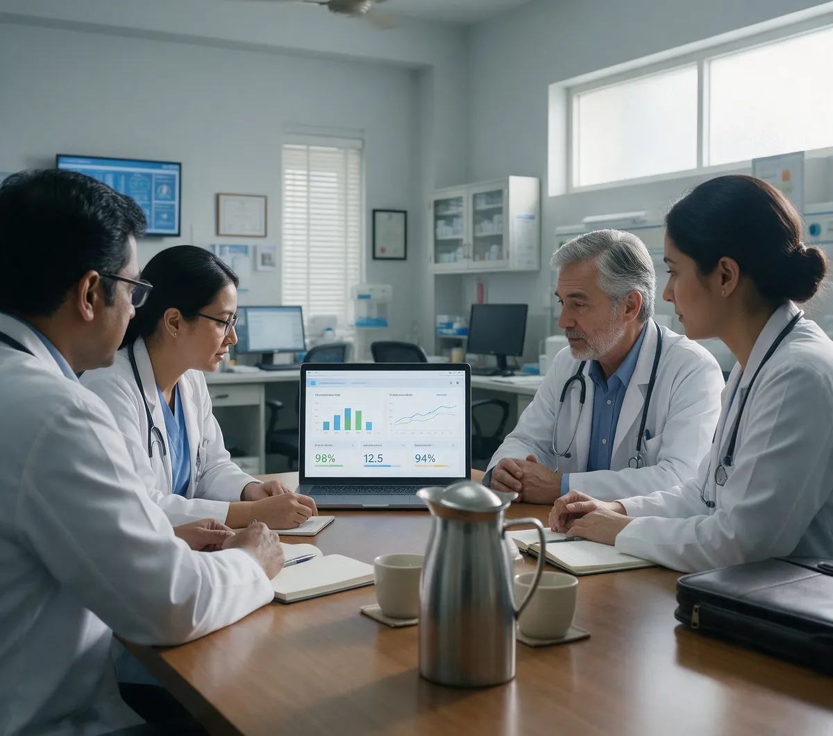 Equipo médico reunido revisando información clínica